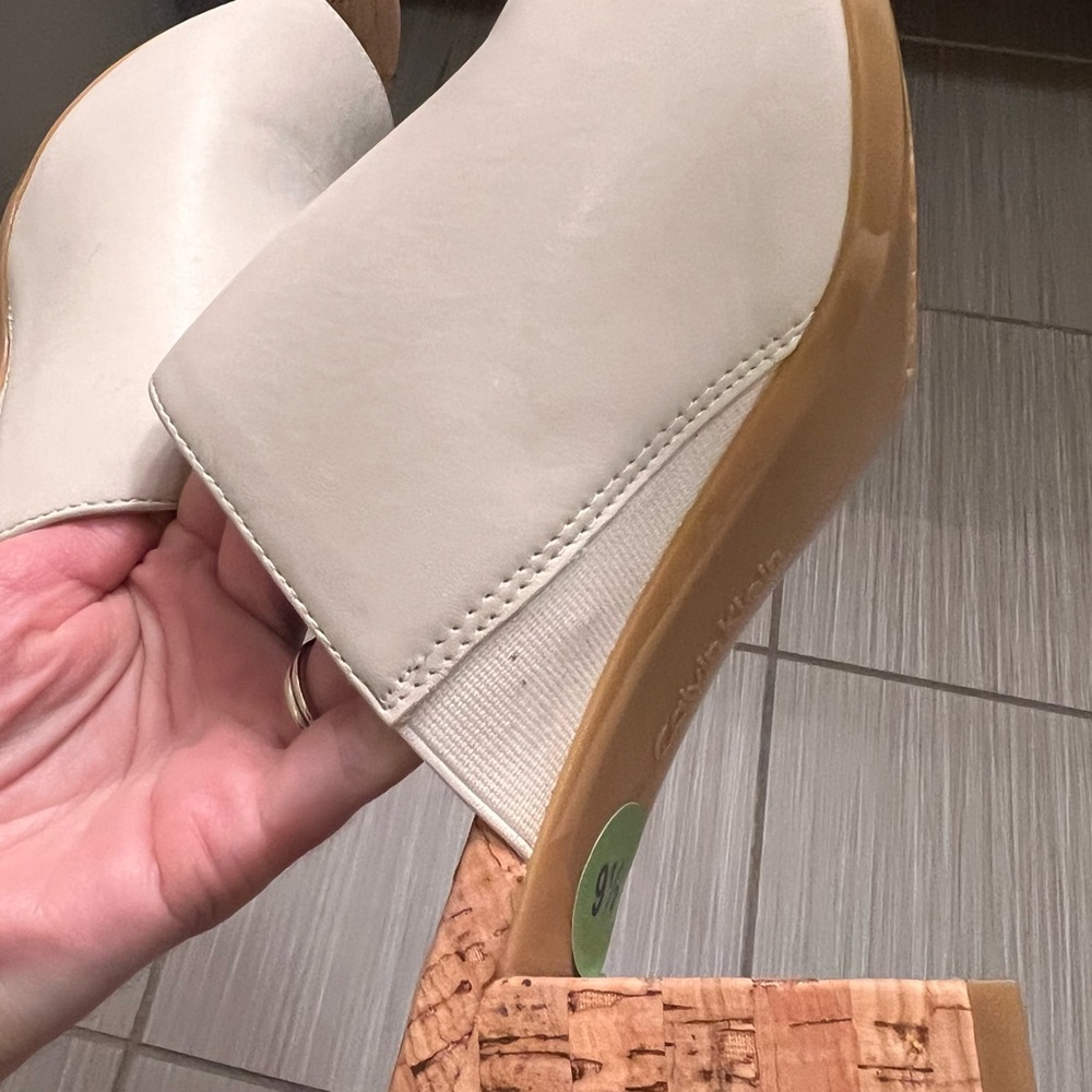 NWT Calvin Klein White Cork Clemence Sandal mule 9.5 summer vacation block heel - Picture 9 of 9